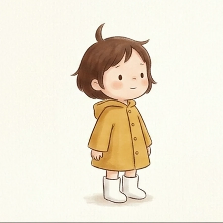 黄色いレインコートに白い長靴を履いた、絵本風AIキャラクターの見本