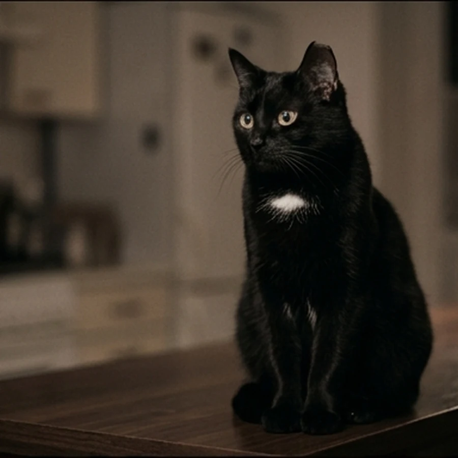 夜のカウンターに座る黒猫のAIキャラクターの見本