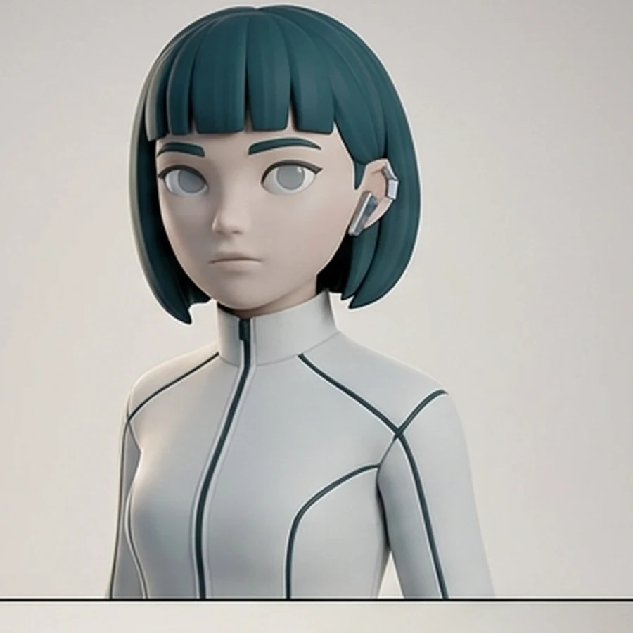 白い技術系ジャケットを着た、3DアバターAIキャラクターの見本