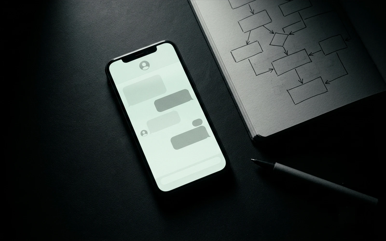 暗い机に置かれたスマートフォンと、配信の流れを描いたノート